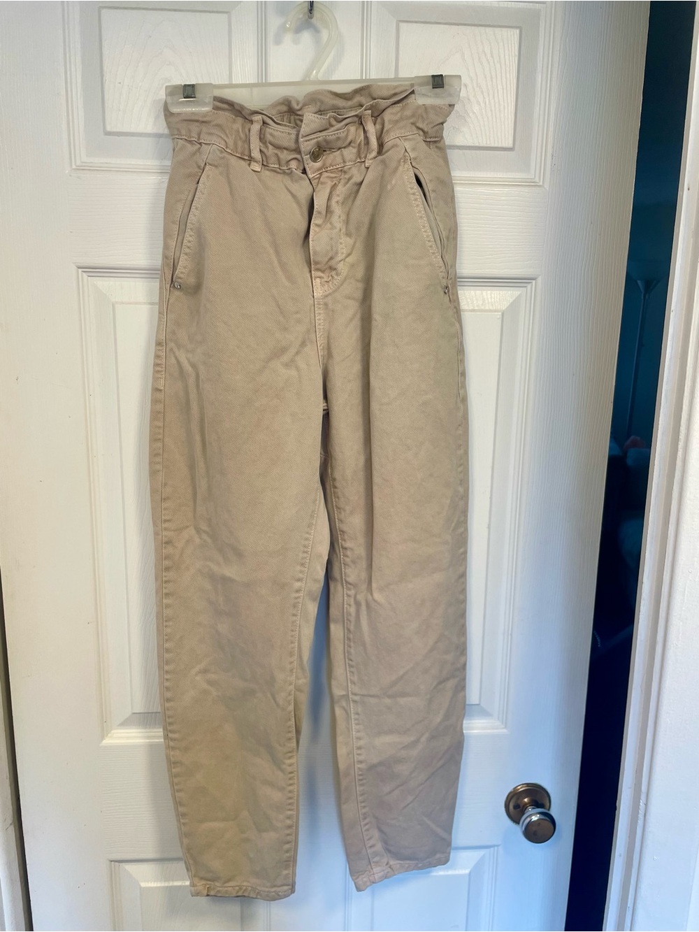 Zara Paperbag Waist Tapered Pants Beige SZ 2
